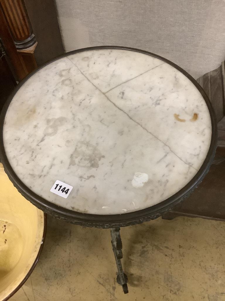 A late 19th century French marble top and brass table, 41cm diameter, height 76cm